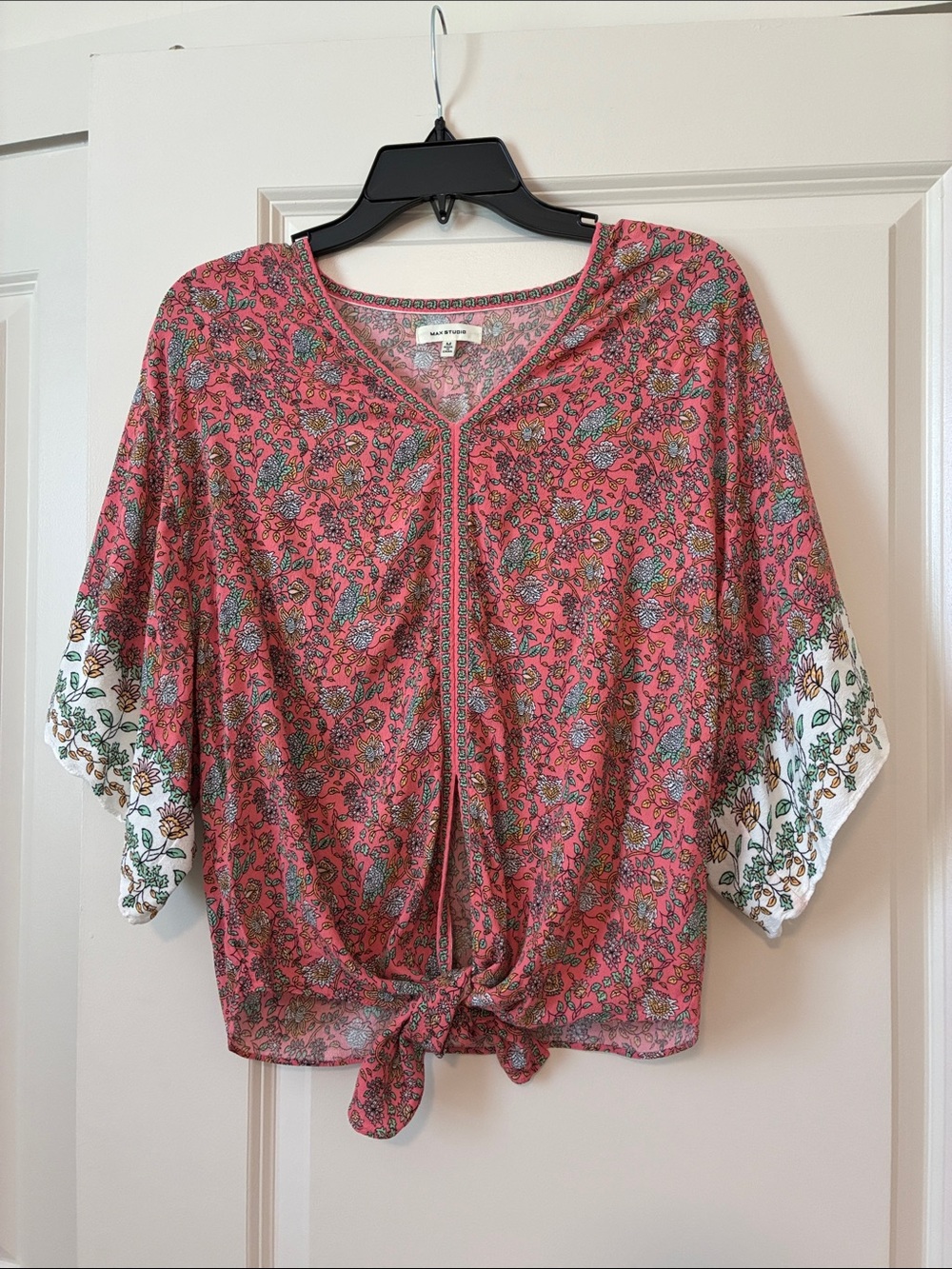 Max Studio Coral Floral Tie-Front V-Neck Tunic